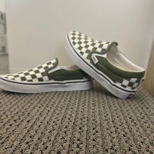 Vans Green and White Checkerboard Slip-On Sneakers